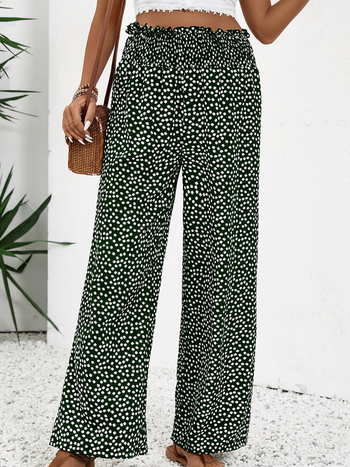 Allover Print Wide Leg Pants – Casual Shirred Waist