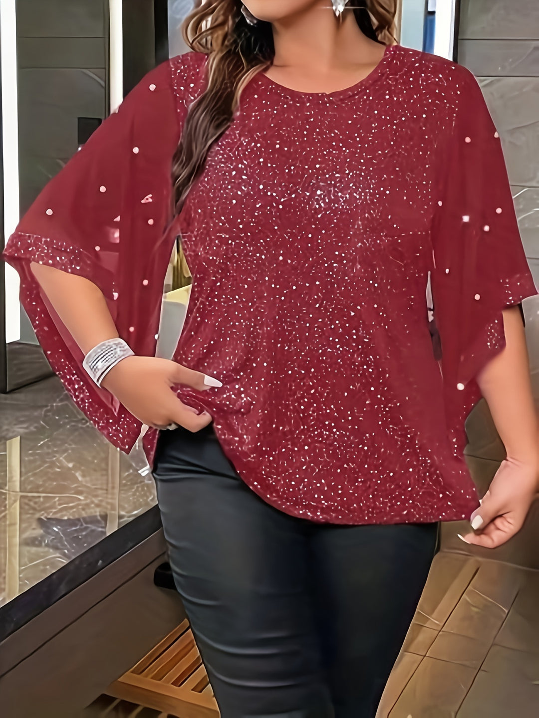 Plus Size Shiny Solid Beaded Top, Casual Crew Neck Irregular Sleeve Top For Spring & Summer, Women's Plus Size Clothing