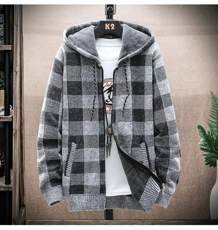 Men's New Winter Plaid Sweater Hooded Cardigan Cold Coat Wool Zipper Jacket Autumn Fleece Warm Clothes Checkered Knit Jumper