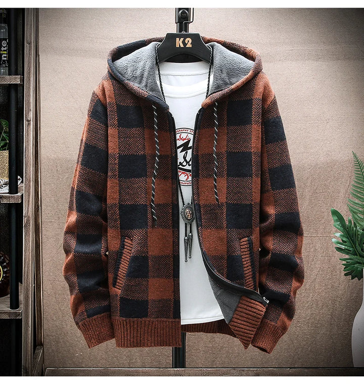 Men's New Winter Plaid Sweater Hooded Cardigan Cold Coat Wool Zipper Jacket Autumn Fleece Warm Clothes Checkered Knit Jumper