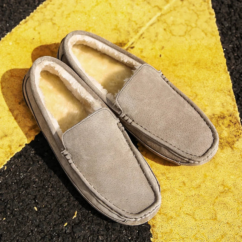 Mens Loafers Plush Suede Leather Driving Shoes Casual Brand Winter Warm Fur Man Moccasins Slip On Driving Loafer Male Boat Shoes