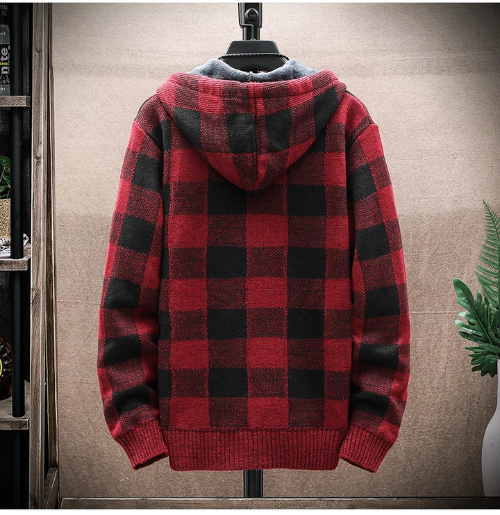 Men's New Winter Plaid Sweater Hooded Cardigan Cold Coat Wool Zipper Jacket Autumn Fleece Warm Clothes Checkered Knit Jumper