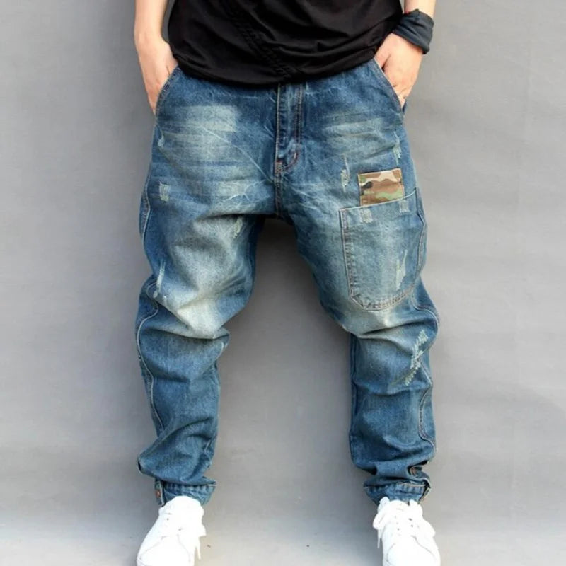 Hole Blue Ripped Baggy Jeans Men Hip Hop Streetwear Skateboarder Denim Pants Men's Loose Fit Plus Size Hiphop Jeans Size S-4XL