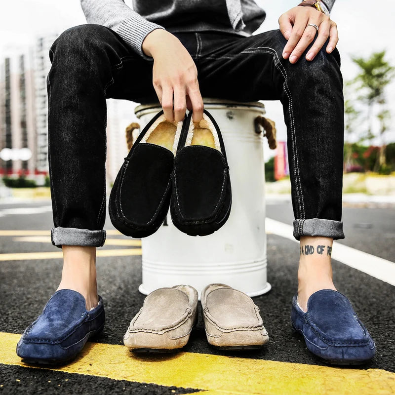 Mens Loafers Plush Suede Leather Driving Shoes Casual Brand Winter Warm Fur Man Moccasins Slip On Driving Loafer Male Boat Shoes