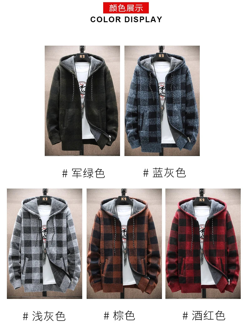 Men's New Winter Plaid Sweater Hooded Cardigan Cold Coat Wool Zipper Jacket Autumn Fleece Warm Clothes Checkered Knit Jumper