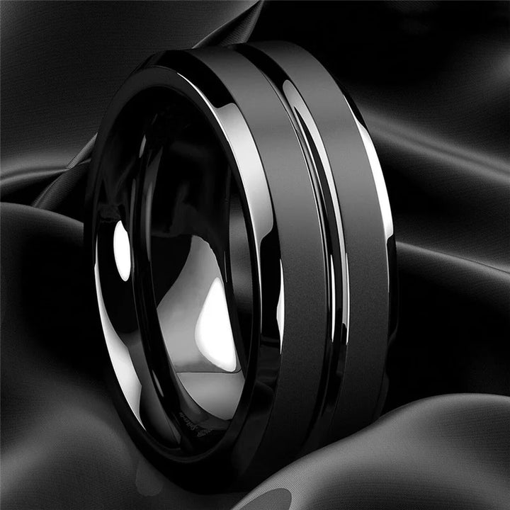 Men Rings – Black Groove Matte Stainless Steel