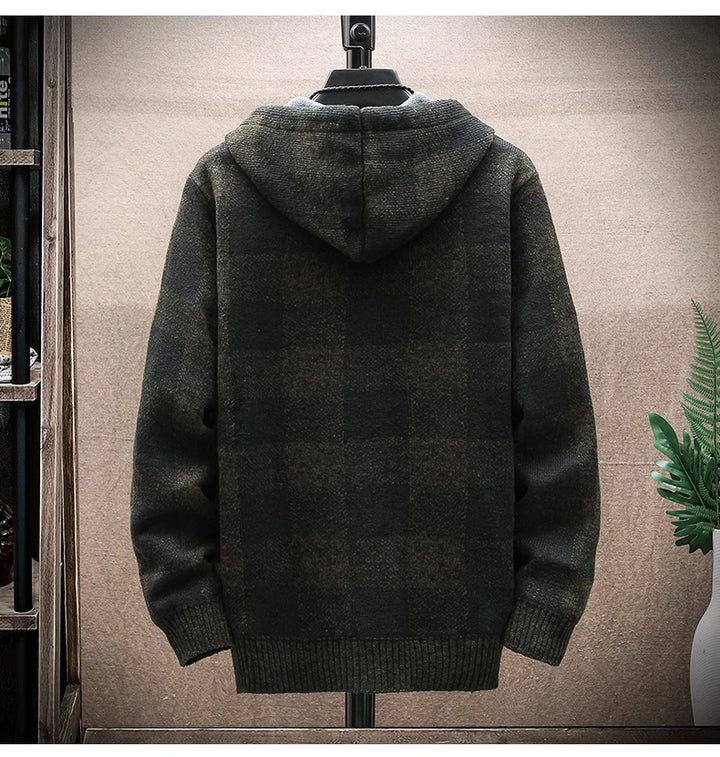 Men's New Winter Plaid Sweater Hooded Cardigan Cold Coat Wool Zipper Jacket Autumn Fleece Warm Clothes Checkered Knit Jumper