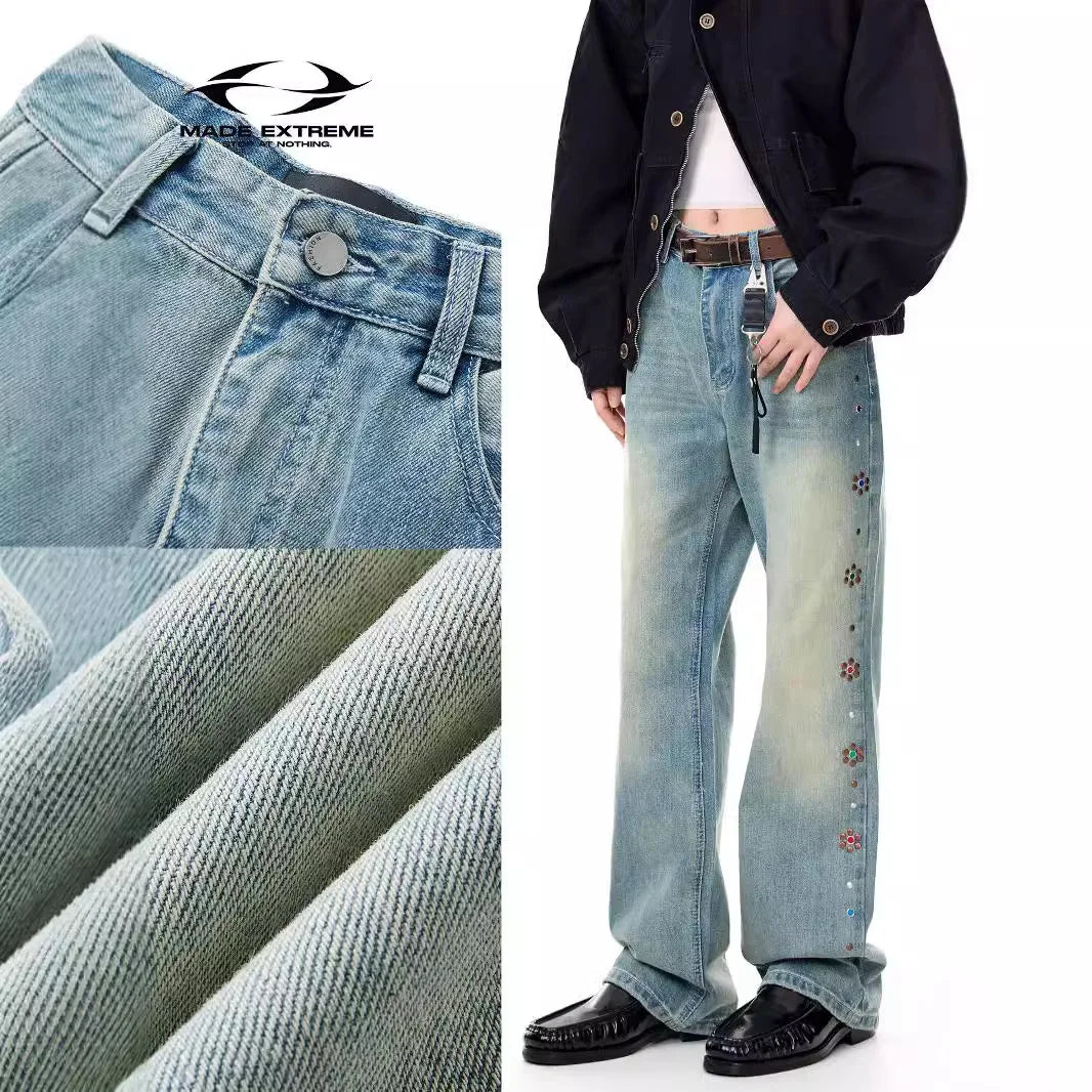 MADE EXTREME Retro Cat Beard Gem Beads Washed Straight Jeans Y2k Men’s Jeans