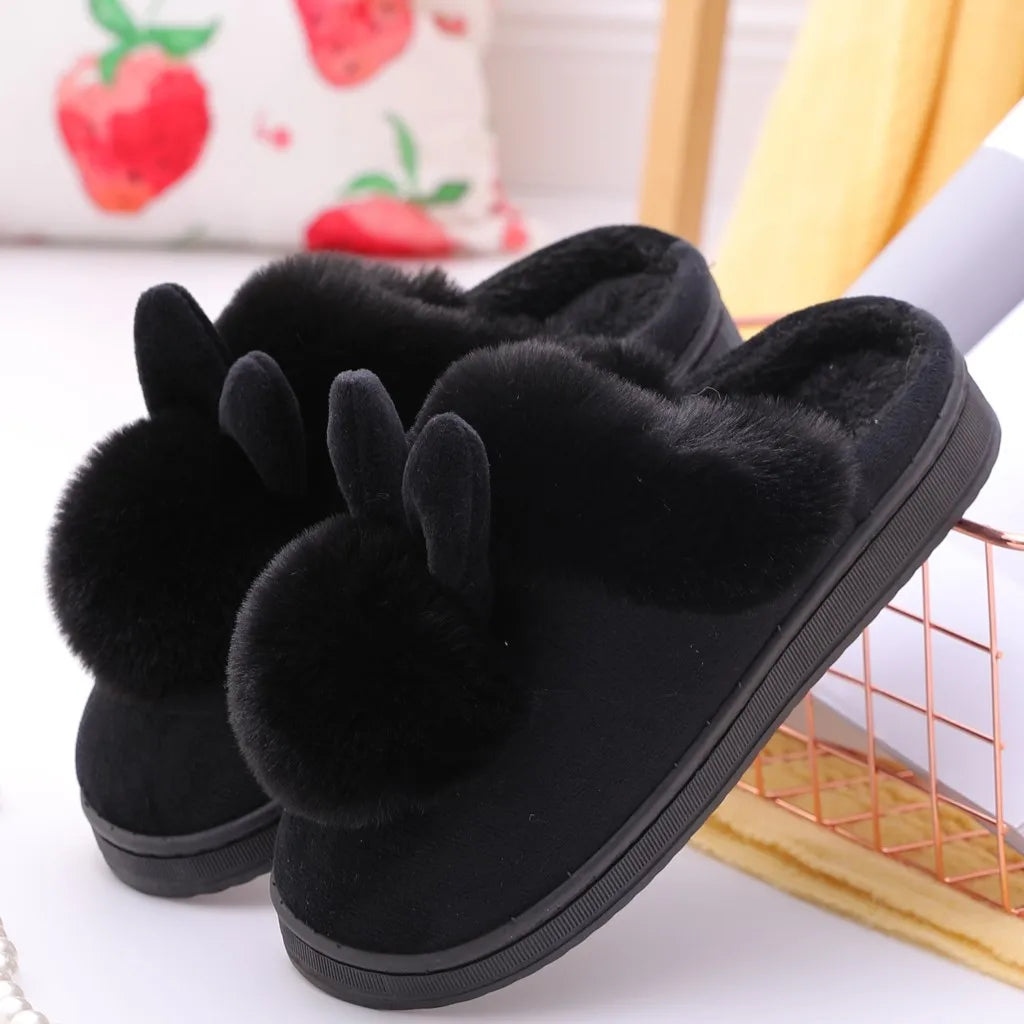 Women'S Winter Plush Rabbit Ear Indoor Cotton Mop Thick Soft Sole Slides Men Women Indoor Floor Flat Home Non-Slip Shoes