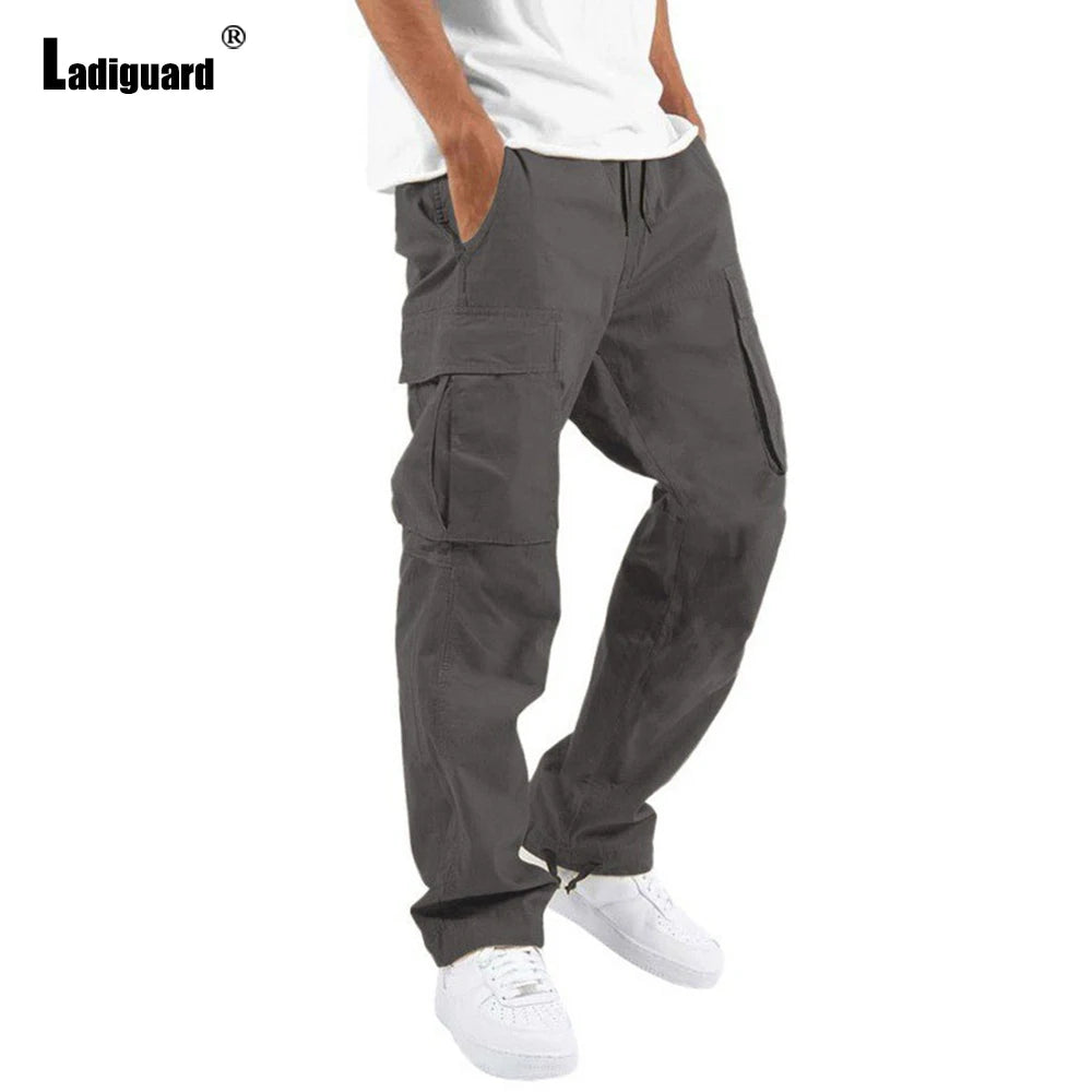 Plus Size 5xl Mens Multi-Pockets Trouser 2023 New Spring Fashion Cargo Pants Solid Purple Khaki Outdoor Casual Sweatpants Hommes