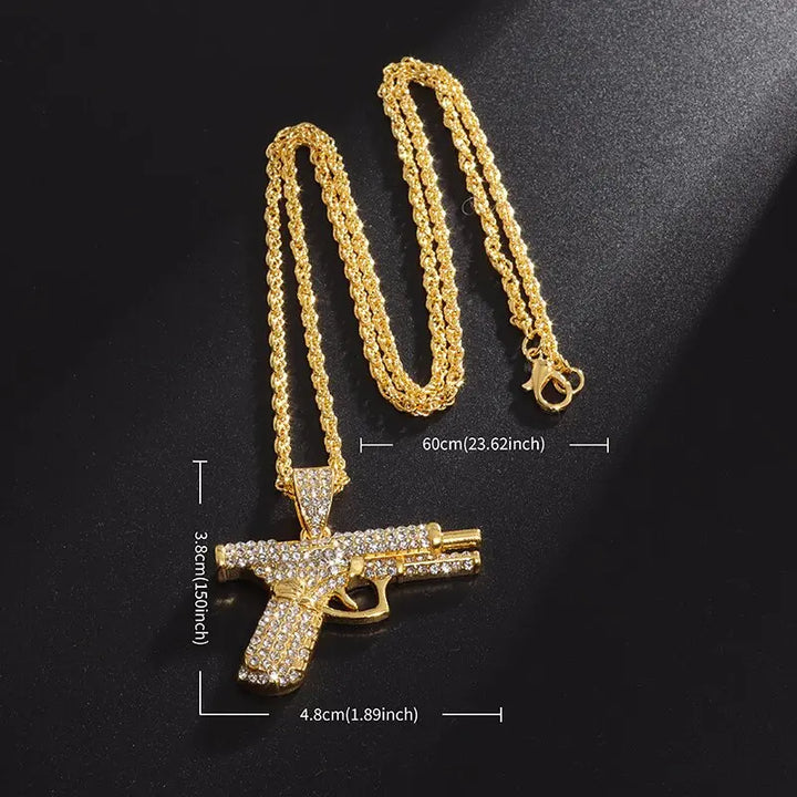 Bling Iced Out Pistol Pendant Submachine Gun Necklace Men Personality Hip Hop Rock Punk Cool Street Party Jewelry Gift