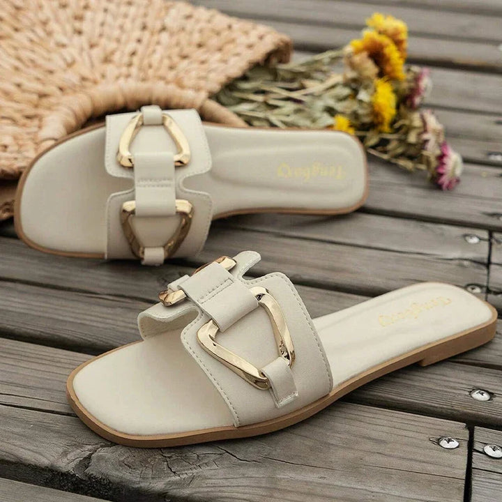 Women Metal Decor Single Band Flat Sandals Fashion Sexy Open Toe Outdoors Slides Luxurious Office Ladies Party Female Shoes