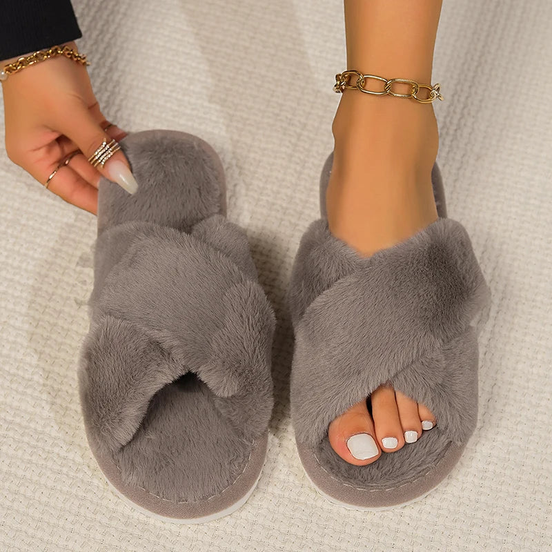 Cross Warm Fluffy Furry Slippers Women Lightweight Flat Heels Fur Slides Woman Autumn Winter Open Toe Non Slip Home Floor Shoes