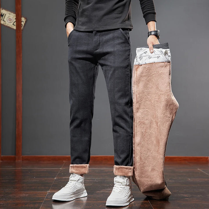 Winter New Men's Warm Casual Pants Business Fashion Fleece Thick Office Stretch Grey BlackTrousers Male Size 28-38