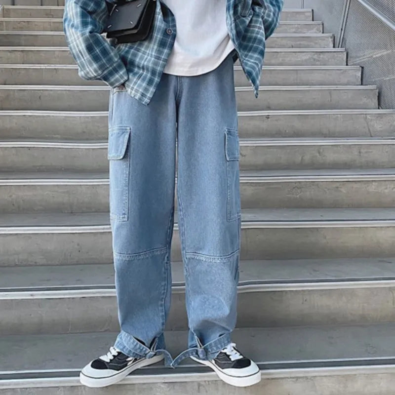 Cargo jeans Men Wide Leg Denim pants  2024 Autumn Loose Straight Baggy Men's Jeans hip hop Streetwear Skateboard Neutral denim