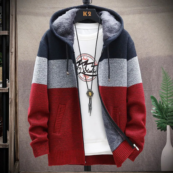 Autumn Winter Cardigan Sweater Men Fleece Zipper Sweaters Velvet Contrast Striped Sweater Coats Casual Jackets