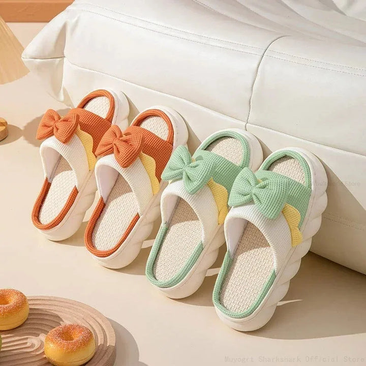 Linen Slippers Women Indoor Slippers Comzy Anti-Slip House Cotton Shoes Cute Bowknot Flat Slipper Couples Slides Spring Summer