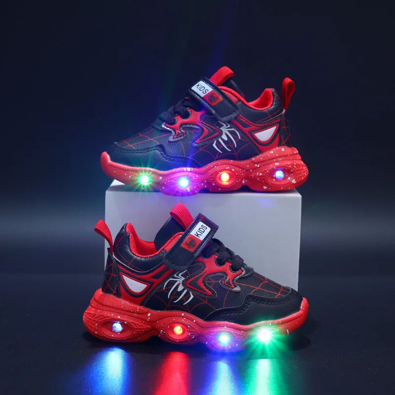 Disney LED Casual Sneakers Red Black For Spring Boys Spiderman Mesh Outdoor Shoes Children Lighted Non-slip Shoes Size 21-30