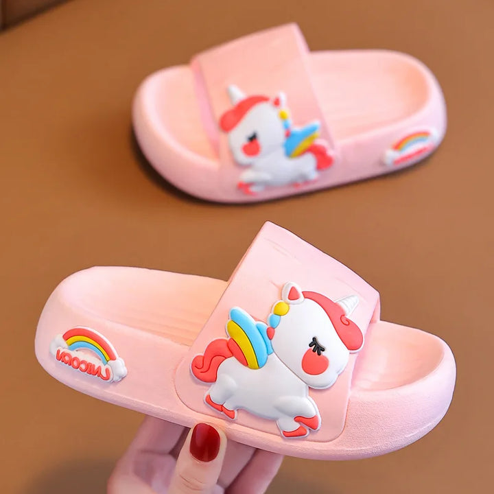 Summer Kids Home Shoes Flip Flops Baby Girls Slippers for Children Cartoon Unicorn Bathroom Antislip Thick Sole Slides 2-8 Years