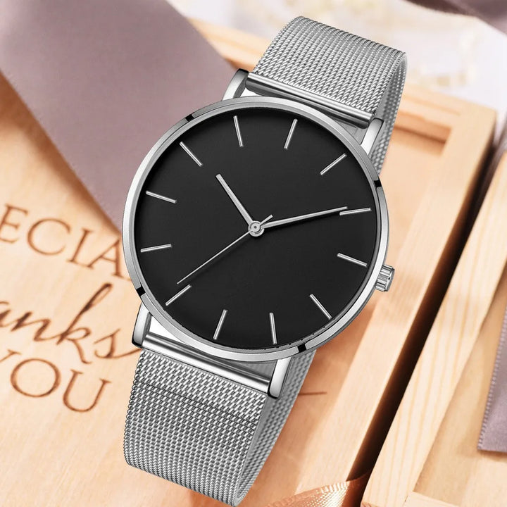 Fashion Leisure Simple Ultra Thin Men Women Creative Black Stainless Steel Quartz Watches Men Business Male Wristwatch Clock