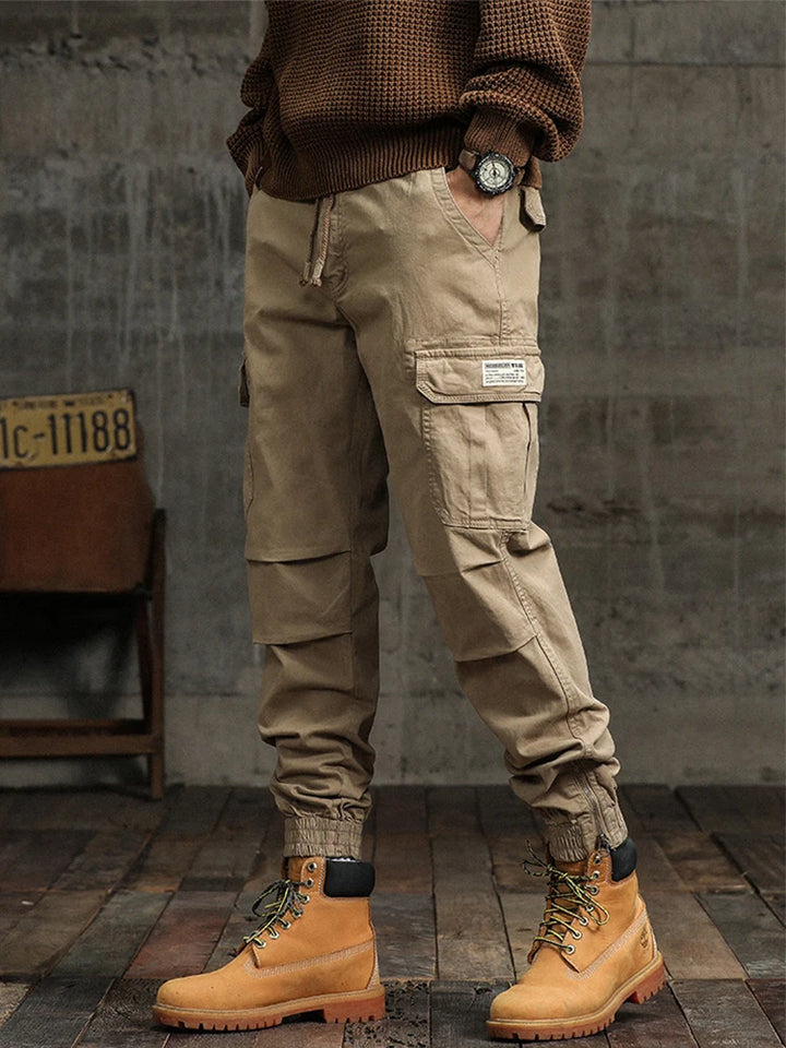 Men's Cargo Pants 2023 Autumn New Multi-Pockets Banded Waist Heavy Cotton Work Wear Slim Fit Joggers Military Casual Trousers