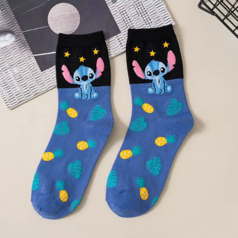 New Disney Anime Cartoon Kawaii Stitch Pure Cotton Socks Medium Length Socks Combed Cotton Birthday Gift for Girls Friends Boys