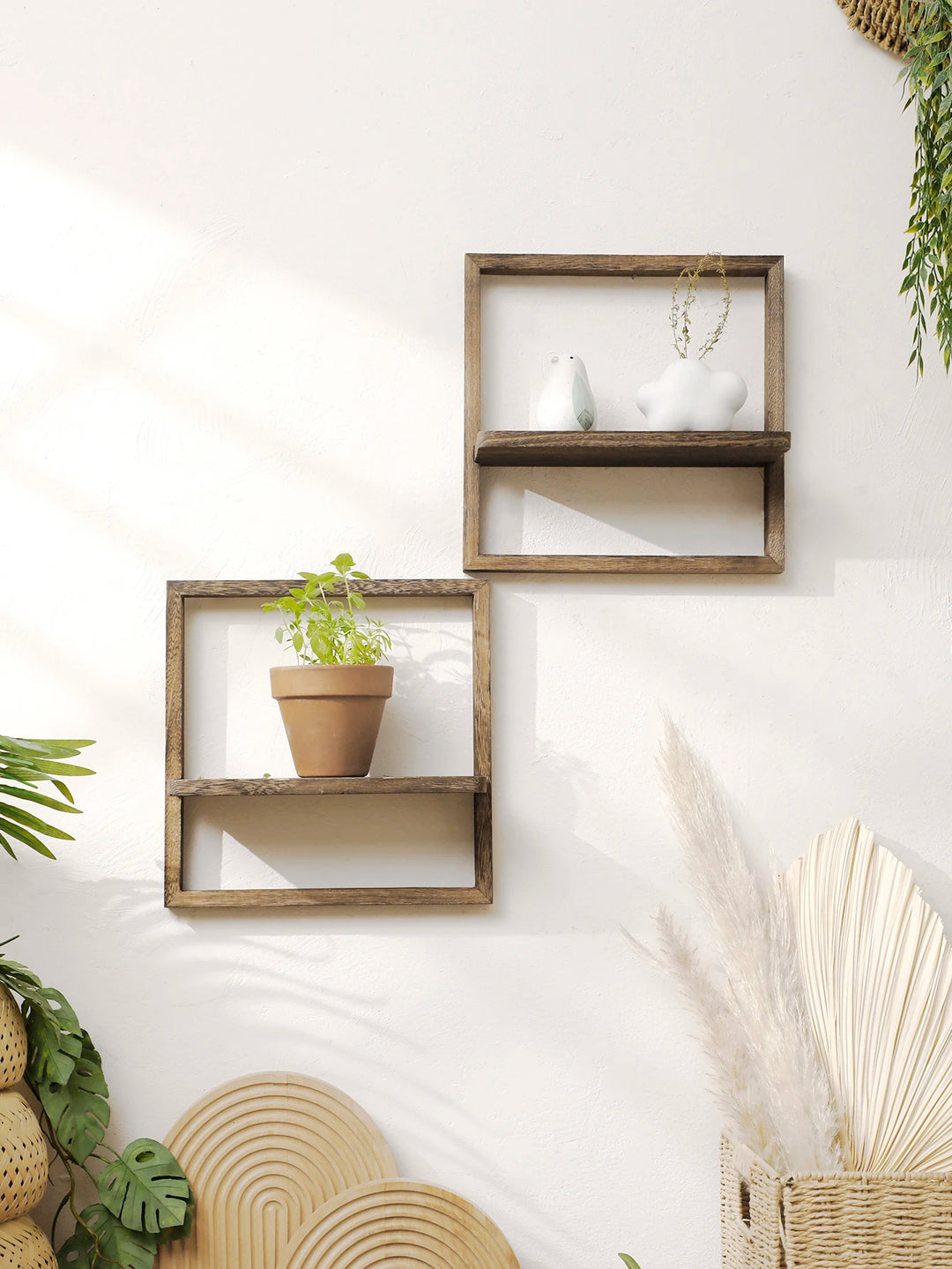 Black Wooden Floating Wall Shelf – Boho Decor Display Stand