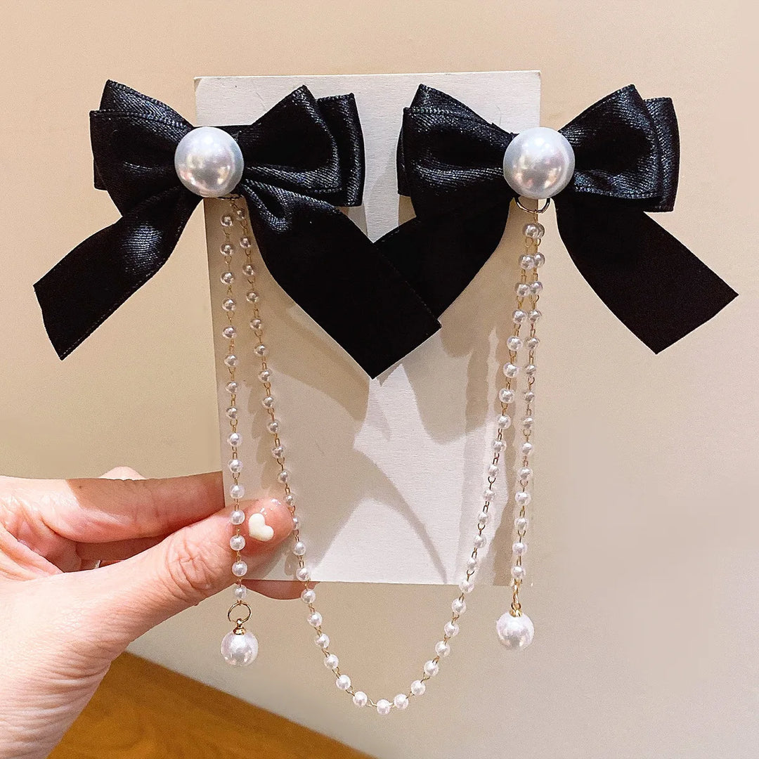 Pearl Bow Tassel Velvet Hair Claw - Elegant Princess Hairpin