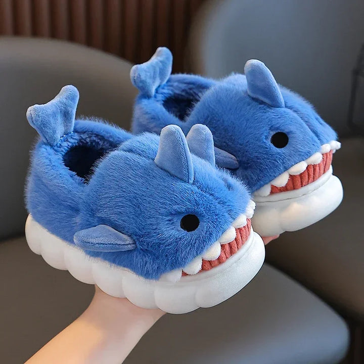 Winter Heel Wrap Cotton Children's Slippers Cute Cartoon Shark Non-slip Soft Sole Kids Boys Girls Junior Warm Plush Home Shoes