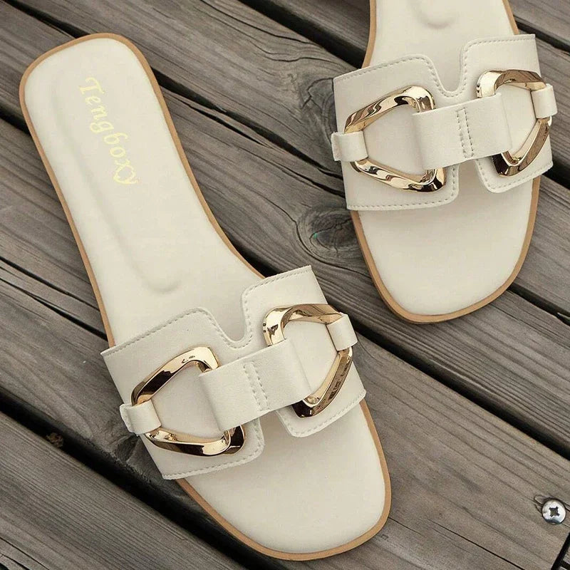 Women Metal Decor Single Band Flat Sandals Fashion Sexy Open Toe Outdoors Slides Luxurious Office Ladies Party Female Shoes