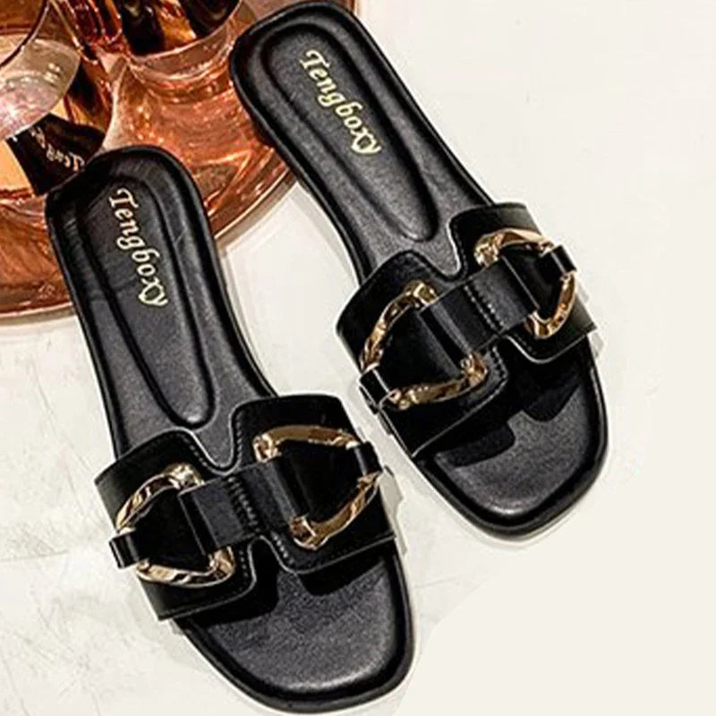 Women Metal Decor Single Band Flat Sandals Fashion Sexy Open Toe Outdoors Slides Luxurious Office Ladies Party Female Shoes