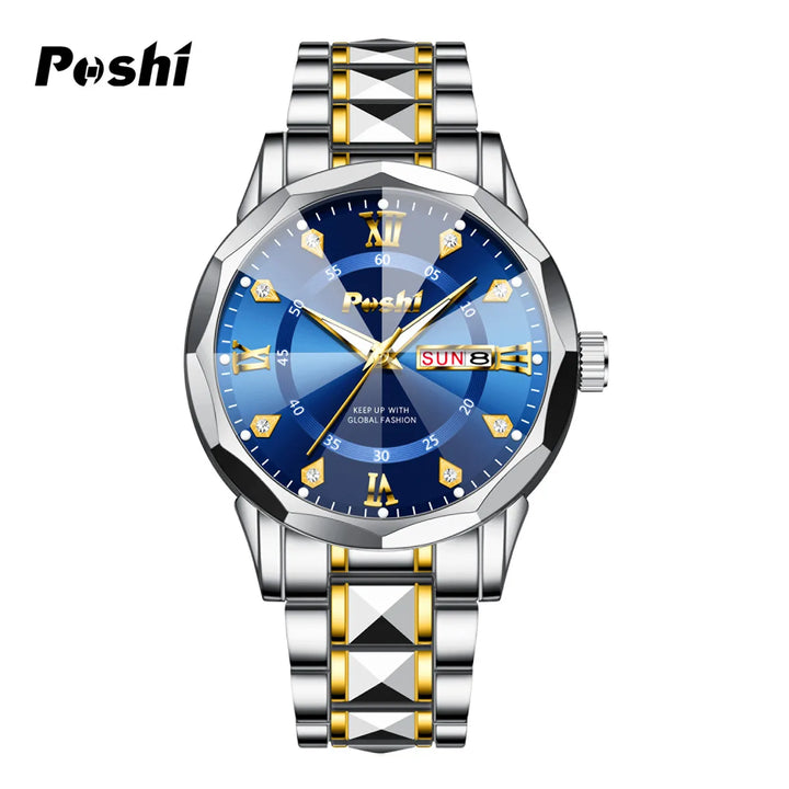 POSHI Men's Watch Date Week Fashion Watch Men Original Waterproof Non-mechanical Luminous Dual Calendar Quartz Wristwatch