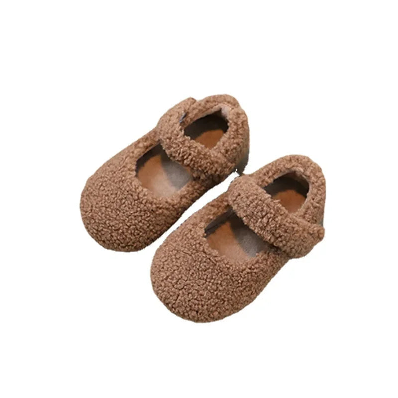 Winter New Children Flat Shoes Fur Cover Toe Light Warm Kids Casual Shoe 2024 Plush Warm Non-slip Leisure Comfy Boys Girls Shoe