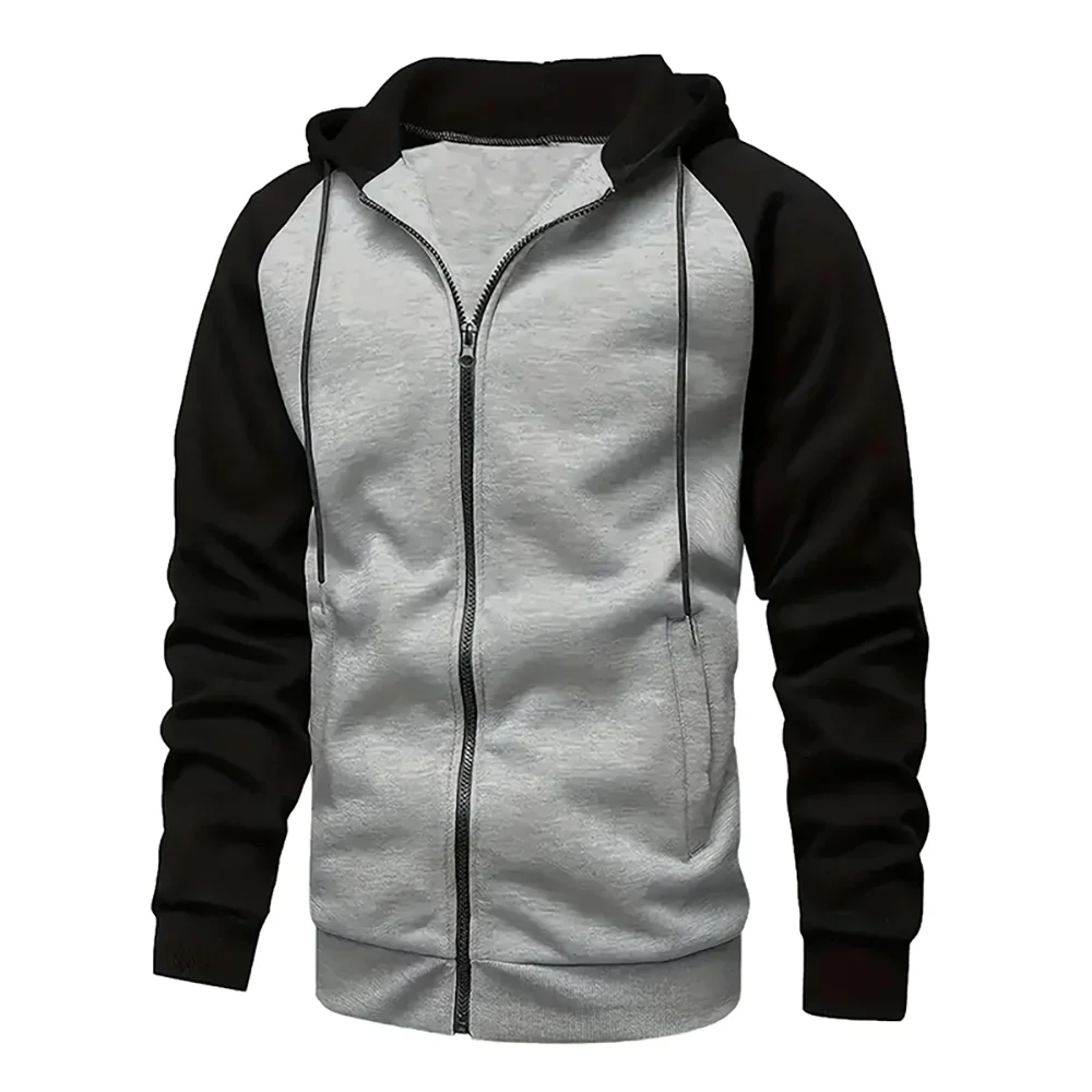 New Men's Zip-Up Color Block Hoodie with Casual Stylish & Durable Fall/Winter Top Raglan Sleeves Hoodies Sweatshirt Male