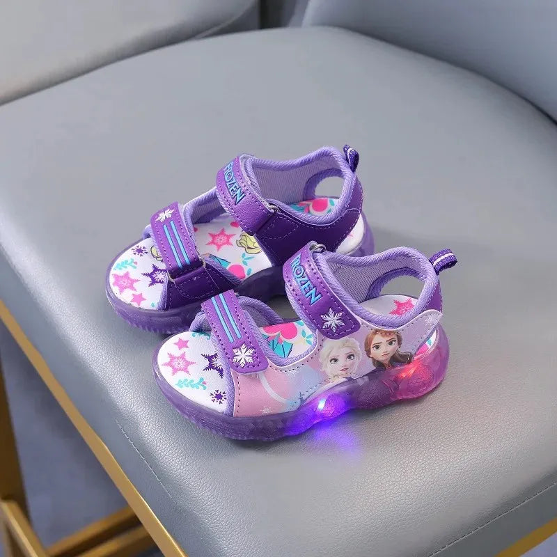 Disney Boys Girls Frozen Elsa Princess Led Light Up Luminous Sports Sandals Summer Kids Sandals Non-slip Toddler Shoes