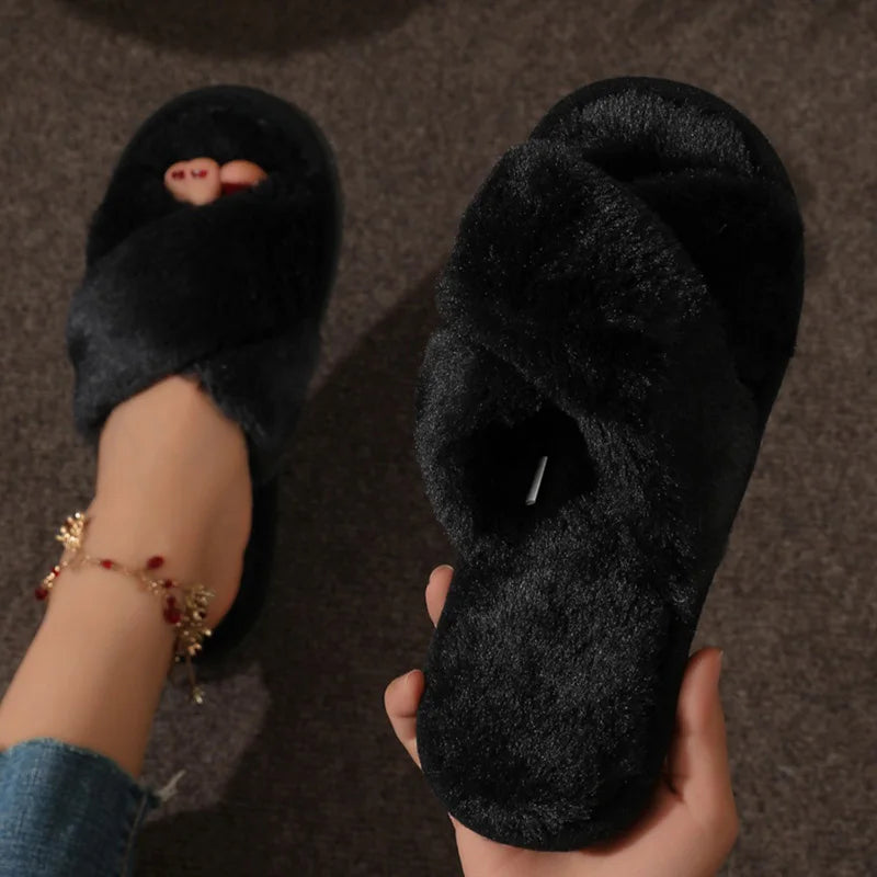 Fashion Leopard Print Fluffy Slippers Women Light Faux Fur Warm Home Slippers Woman Comfort Flat Heel Plush House Slides Shoes