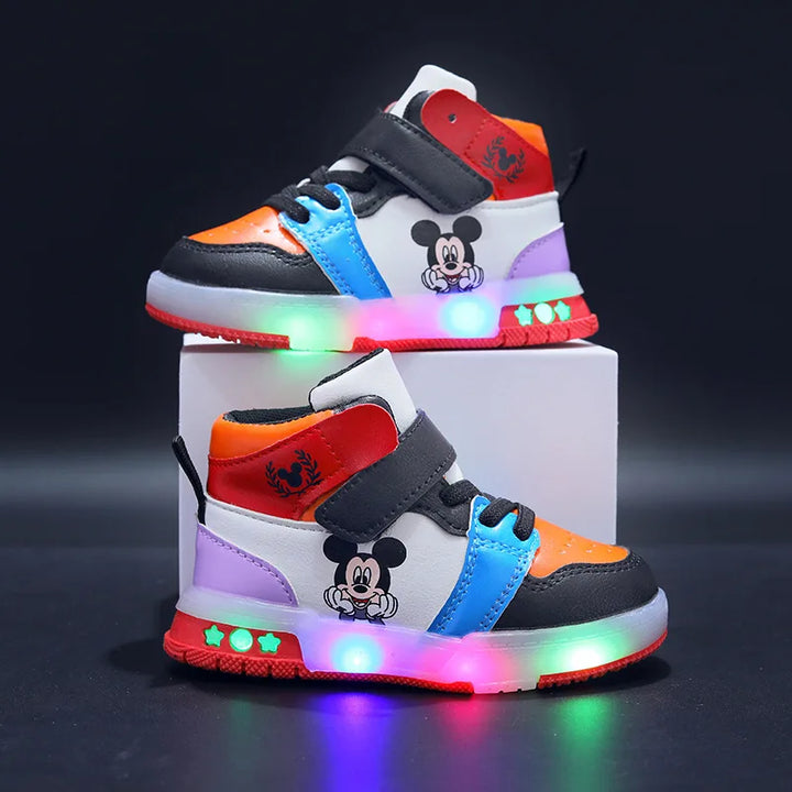 Disney Children's Sneakers Boys Girls Mickey Led Light Sport Shoes Student Shoes Hook Anti-slip Kids Outdoor Shoes Basket Shoes