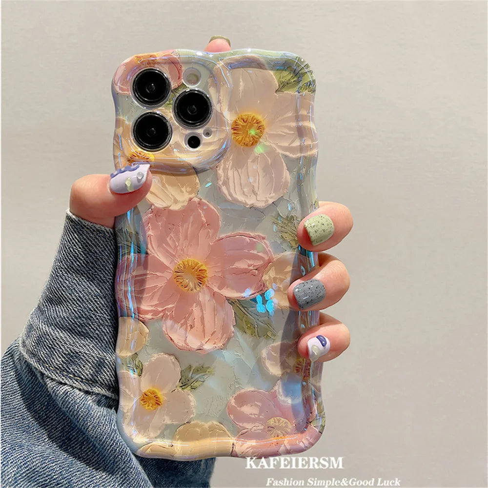 Ottwn Luxury Laser Oil Painting Flowers Phone Cases For iPhone 11 12 13 14 15 16 Pro Max Shockproof Soft Bumper Back Cover Shell