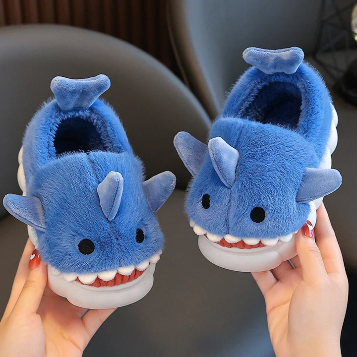 Winter Heel Wrap Cotton Slippers Children's Cute Cartoon Shark Non-slip Soft Sole Kids Boys Girls Junior Warm Plush Home Shoes