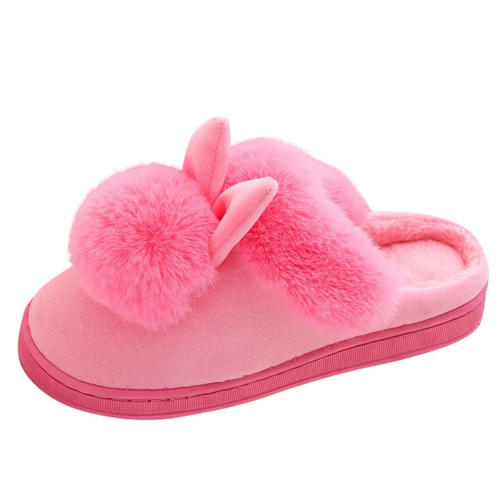 Women'S Winter Plush Rabbit Ear Indoor Cotton Mop Thick Soft Sole Slides Men Women Indoor Floor Flat Home Non-Slip Shoes