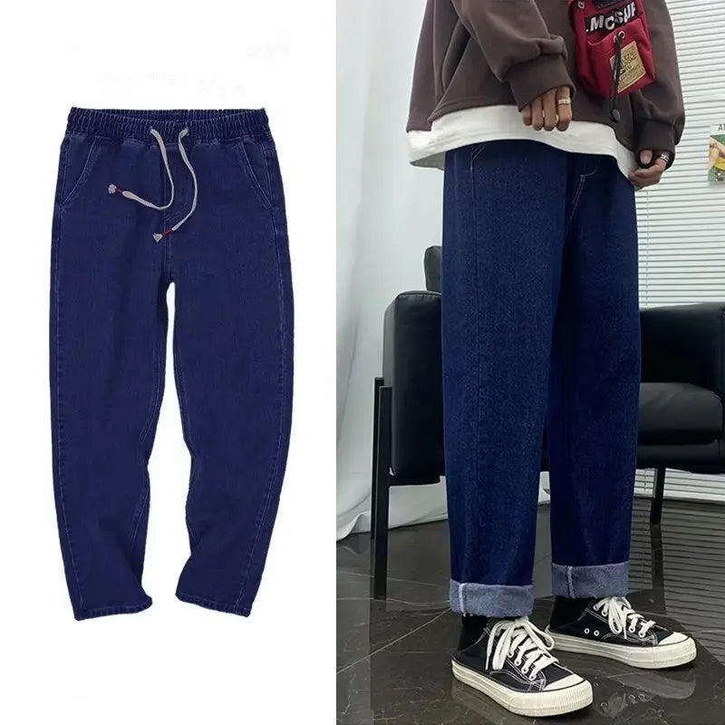 Plus Size S-3XL Men Wide Leg Jogger Jeans Spring Summer Autumn Fashion Casual Elastic Drawstring Waist Loose Denim Harem Pants