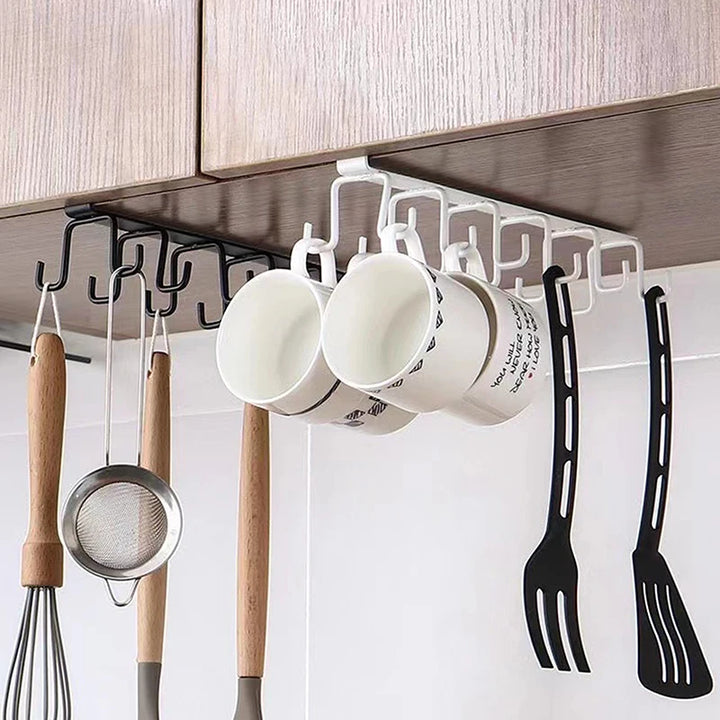 Punch-free Double-row Hooks Kitchen Under Cupboard Shelf Mug Cup Hanger Hook Iron Hanging Rack Holder Kitchen Cabinet Organizer