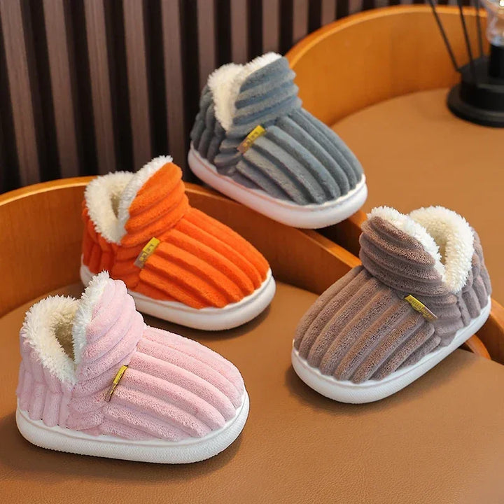 New Winter Concise Stripe Plush Slippers Children's Non-slip Soft Sole Kids Boys Girls Heel Wrap Warm High Home Cotton Shoes