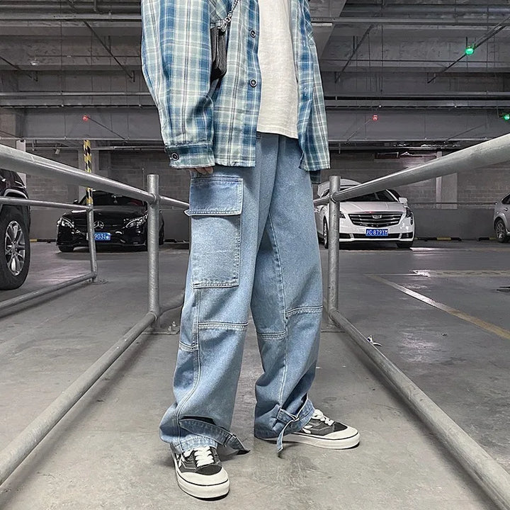 Cargo jeans Men Wide Leg Denim pants  2024 Autumn Loose Straight Baggy Men's Jeans hip hop Streetwear Skateboard Neutral denim