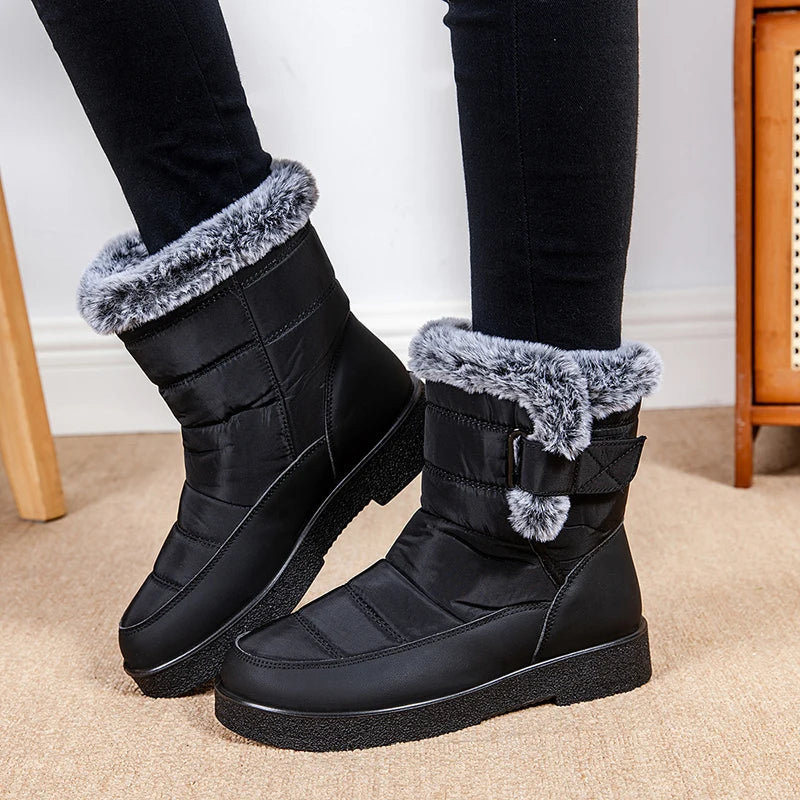 Women Large Size 44 Waterproof Cotton Boots Winter Warm Furry Snow Booties Outdoor Hook Loop Thicken Plush Ankle Boots Mujer