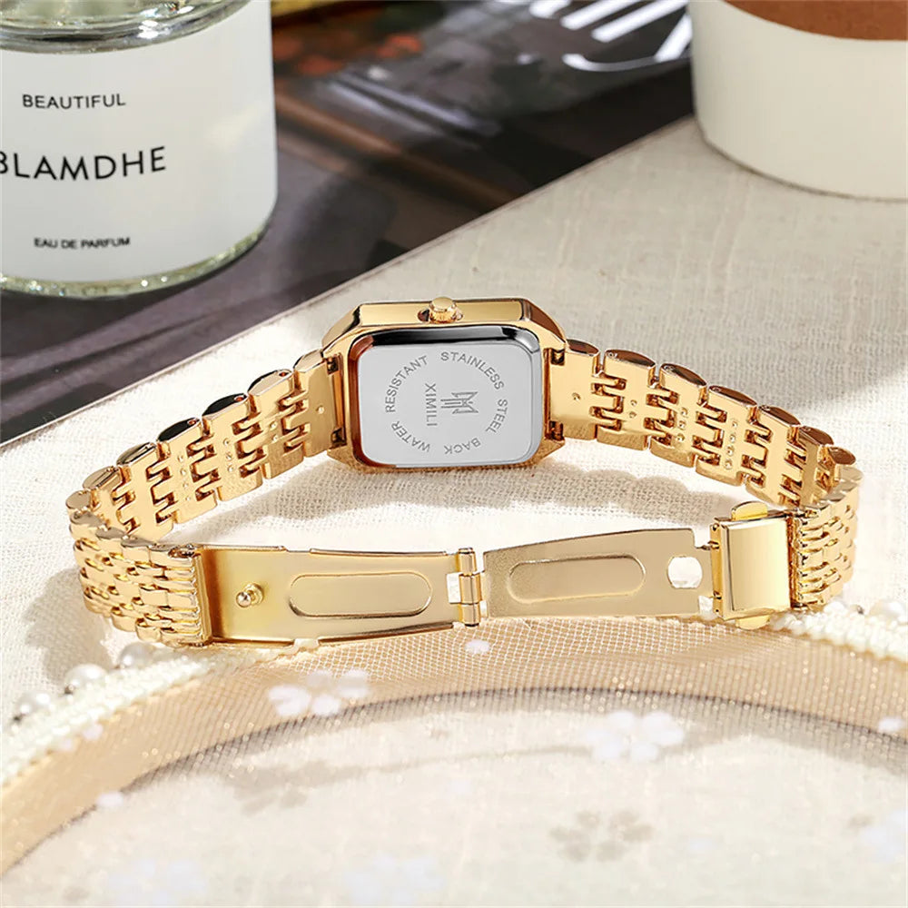 Women's Fashion Square Watches Gold Alloy Strap 2024 Luxury Ladies Quartz Wristwatches Qualities Female Roman Scale Clock