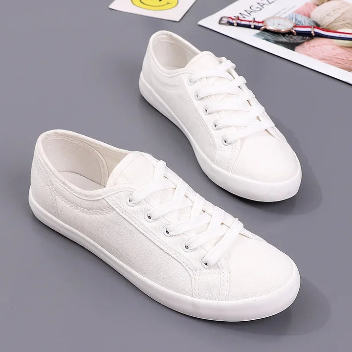 Unisex White Canvas Lace-Up Vulcanized Shoes