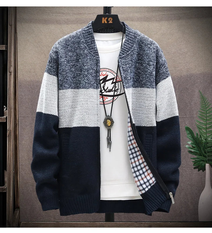 Autumn Winter Cardigan Sweater Men Fleece Zipper Sweaters Velvet Contrast Striped Sweater Coats Casual Jackets