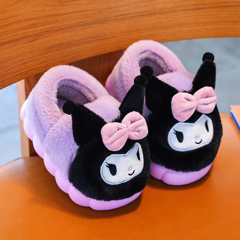 Winter Cute Cartoon Cover Heel Children's Fluffy Slippers Soft Non-slip Warm Flat Mule Boys Girls Teen Indoor Home Cotton Shoes