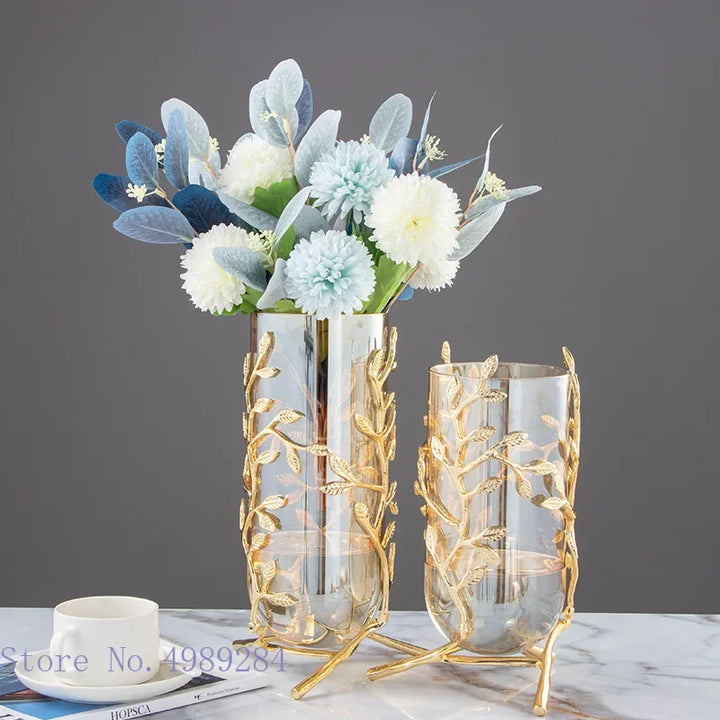 Glass Metal Vase with Gold Frame – Elegant Hydroponic Decor